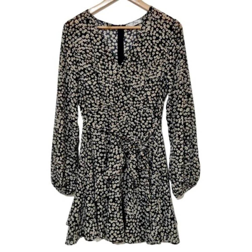 Yours Truly Navy Floral Belt Tie V-Neck Long Sleeve Lined Midi Dress